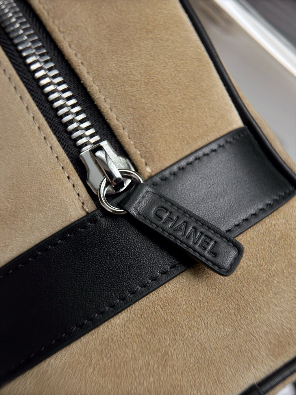 CHANEL 26S LARGE ZIP POUCH BAG 29 IN DARK BEIGE SUEDE AND CALFSKIN SILVER HARDWARE