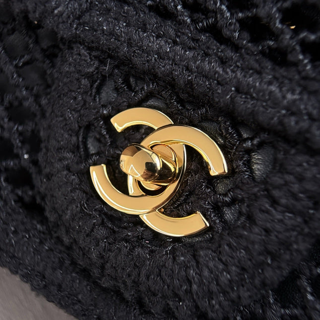 CHANEL 26S SMALL CLASSIC FLAP BAG 21 IN BLACK OPEN-WEAVE CROCHET GOLD HARDWARE