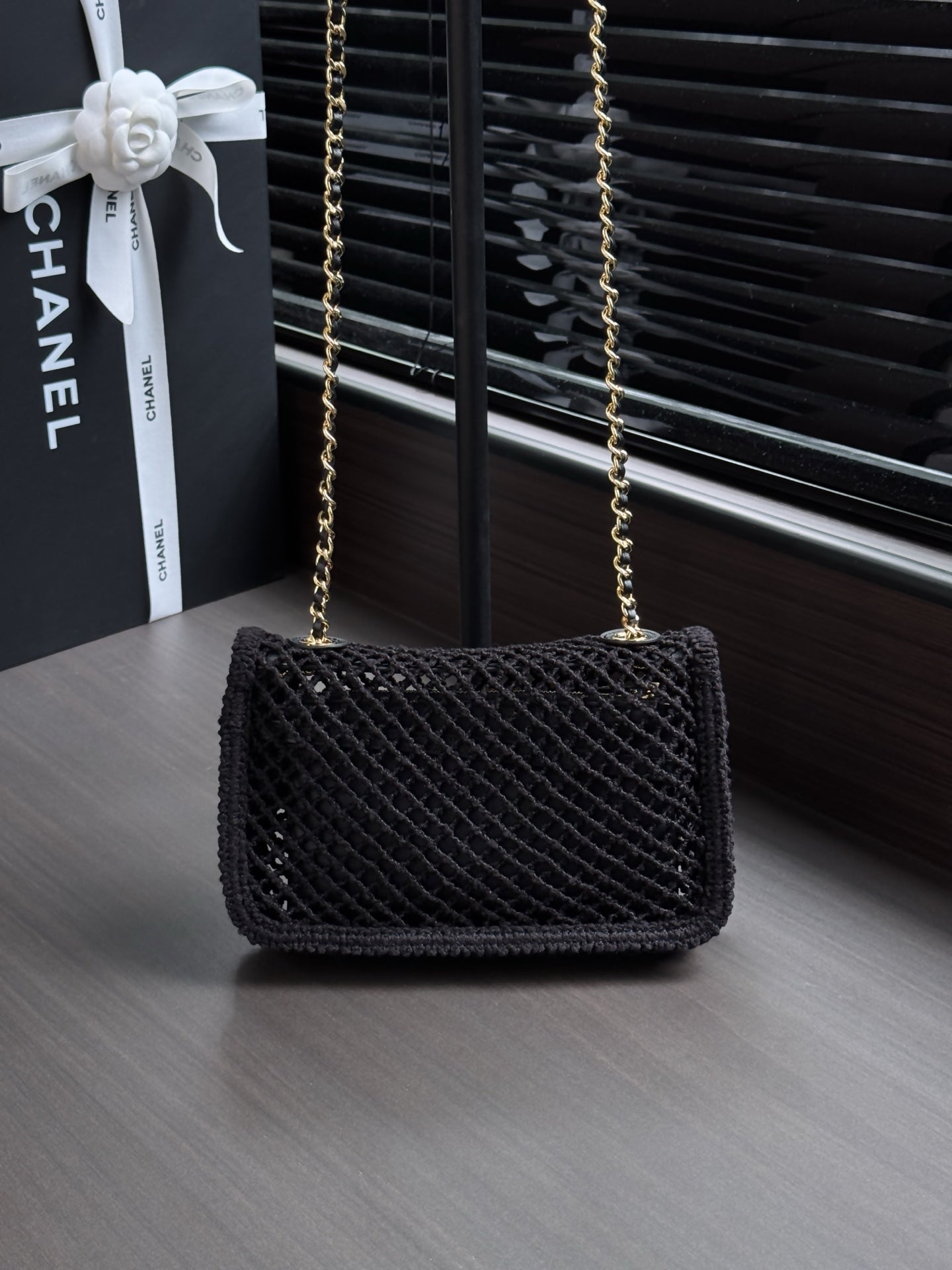 CHANEL 26S SMALL CLASSIC FLAP BAG 21 IN BLACK OPEN-WEAVE CROCHET GOLD HARDWARE