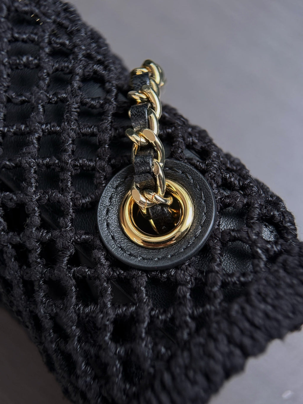 CHANEL 26S SMALL CLASSIC FLAP BAG 21 IN BLACK OPEN-WEAVE CROCHET GOLD HARDWARE