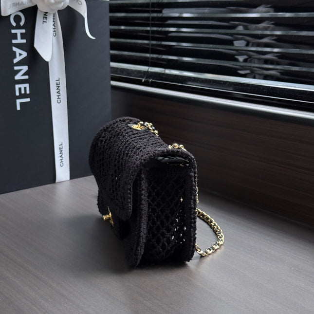 CHANEL 26S SMALL CLASSIC FLAP BAG 21 IN BLACK OPEN-WEAVE CROCHET GOLD HARDWARE
