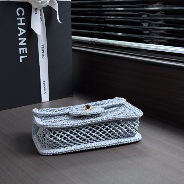 CHANEL 26S SMALL CLASSIC FLAP BAG 21 IN LIGHT BLUE OPEN-WEAVE CROCHET GOLD HARDWARE