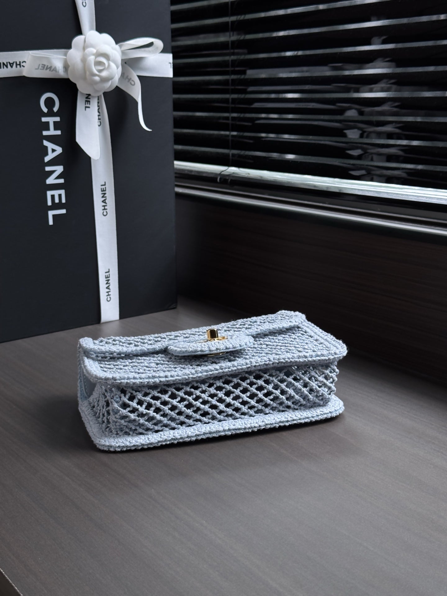 CHANEL 26S SMALL CLASSIC FLAP BAG 21 IN LIGHT BLUE OPEN-WEAVE CROCHET GOLD HARDWARE