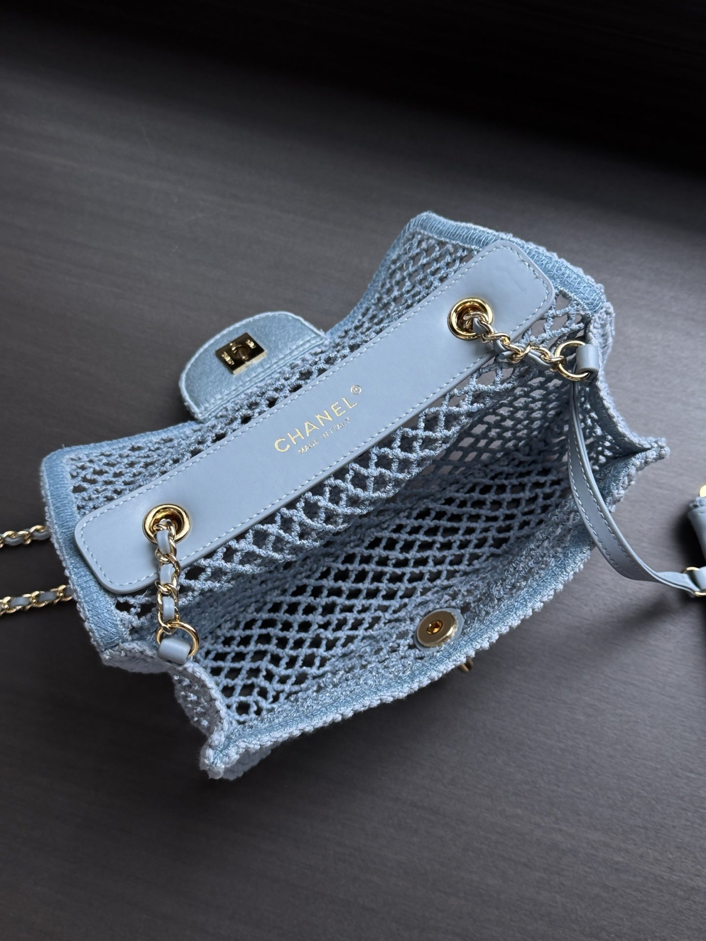 CHANEL 26S SMALL CLASSIC FLAP BAG 21 IN LIGHT BLUE OPEN-WEAVE CROCHET GOLD HARDWARE