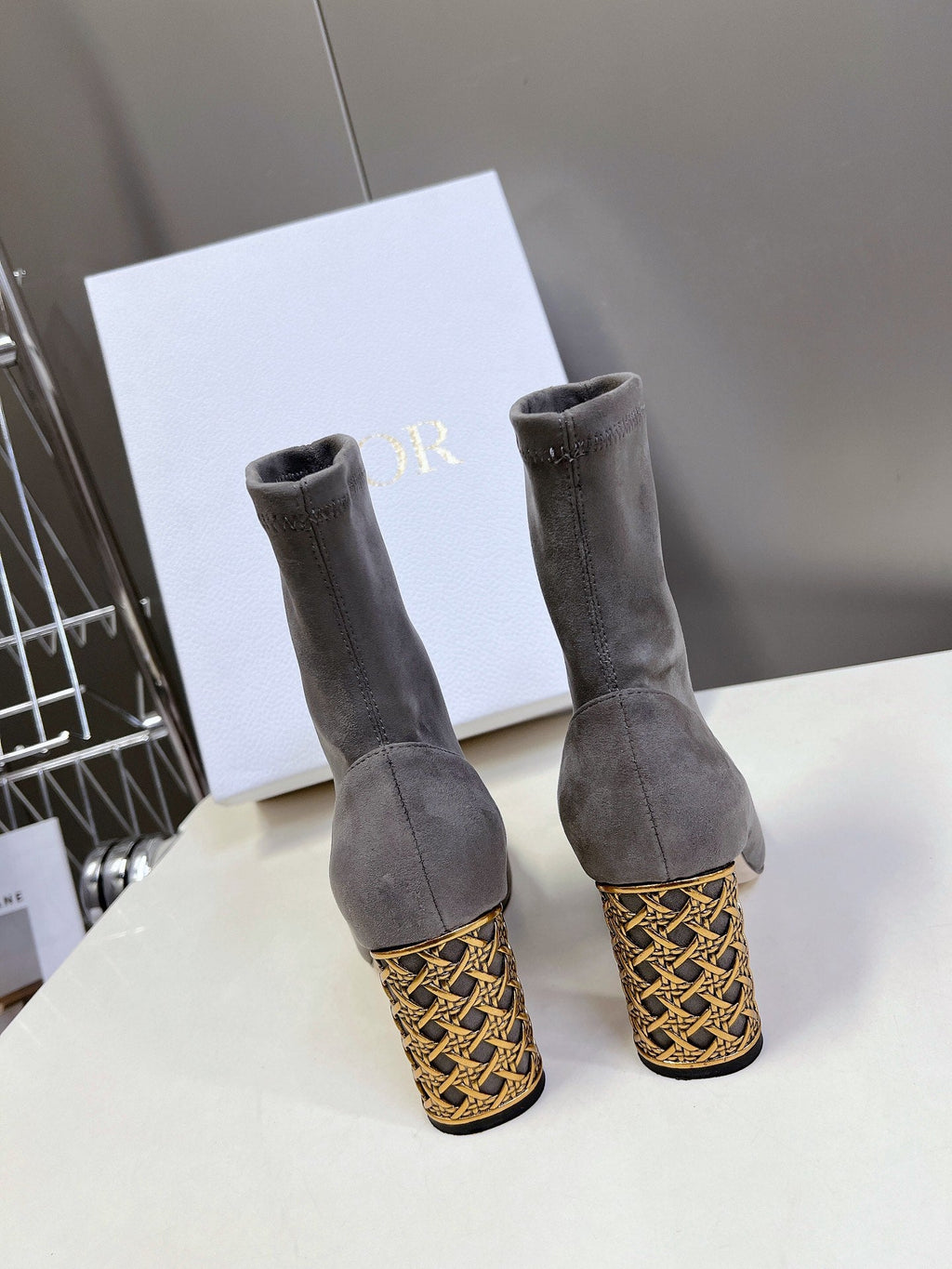 ICON HEELED ANKLE BOOT DOVE GRAY SUEDE 8 CM WITH GOLD LOGO