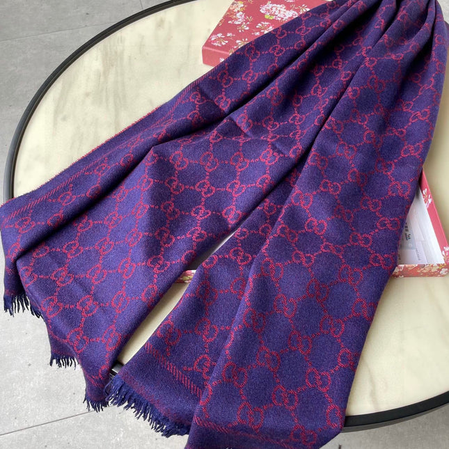 SCARF 180 CM IN VIOLET PURPLE GG PATTERN MONOGRAM WOOL 407526