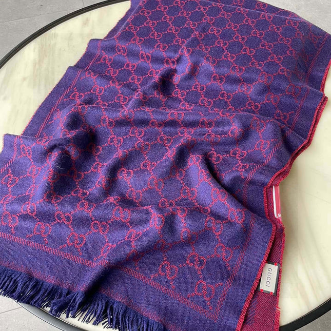 SCARF 180 CM IN VIOLET PURPLE GG PATTERN MONOGRAM WOOL 407526