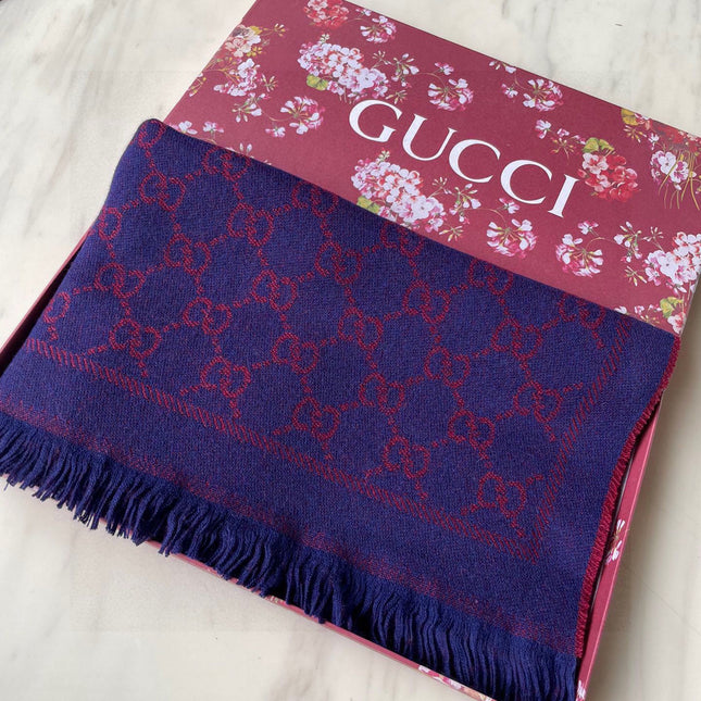 SCARF 180 CM IN VIOLET PURPLE GG PATTERN MONOGRAM WOOL 407526