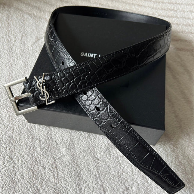 YSL 25S BELT 30 MM IN BLACK CROCODILE-EMBOSSED LEATHER 543666