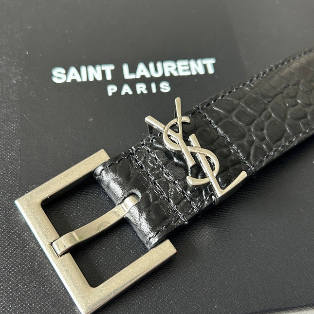 YSL 25S BELT 30 MM IN BLACK CROCODILE-EMBOSSED LEATHER 543666