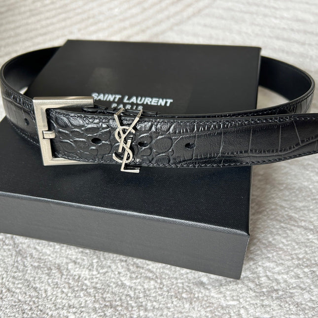YSL 25S BELT 30 MM IN BLACK CROCODILE-EMBOSSED LEATHER 543666