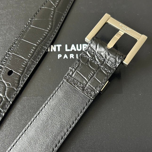 YSL 25S BELT 30 MM IN BLACK CROCODILE-EMBOSSED LEATHER 543666