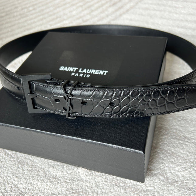 YSL 25S BELT 30 MM IN BLACK CROCODILE-EMBOSSED LEATHER 543667