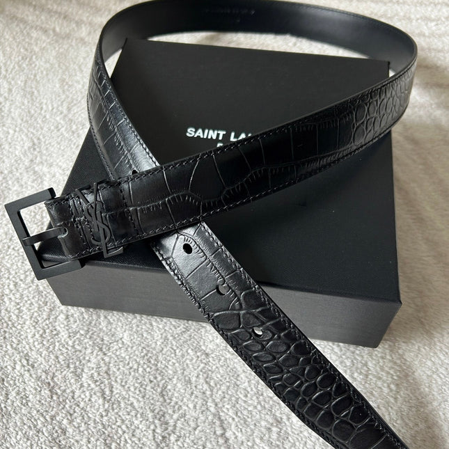 YSL 25S BELT 30 MM IN BLACK CROCODILE-EMBOSSED LEATHER 543667