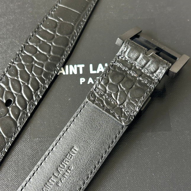 YSL 25S BELT 30 MM IN BLACK CROCODILE-EMBOSSED LEATHER 543667