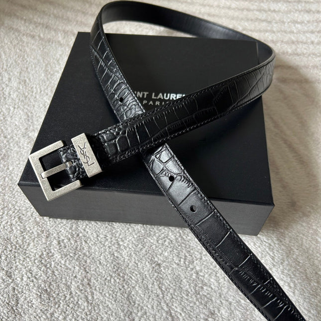 YSL 25S BELT 20 MM IN BLACK EMBOSSED CALFSKIN 543673