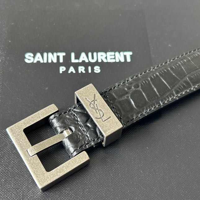 YSL 25S BELT 20 MM IN BLACK EMBOSSED CALFSKIN 543673