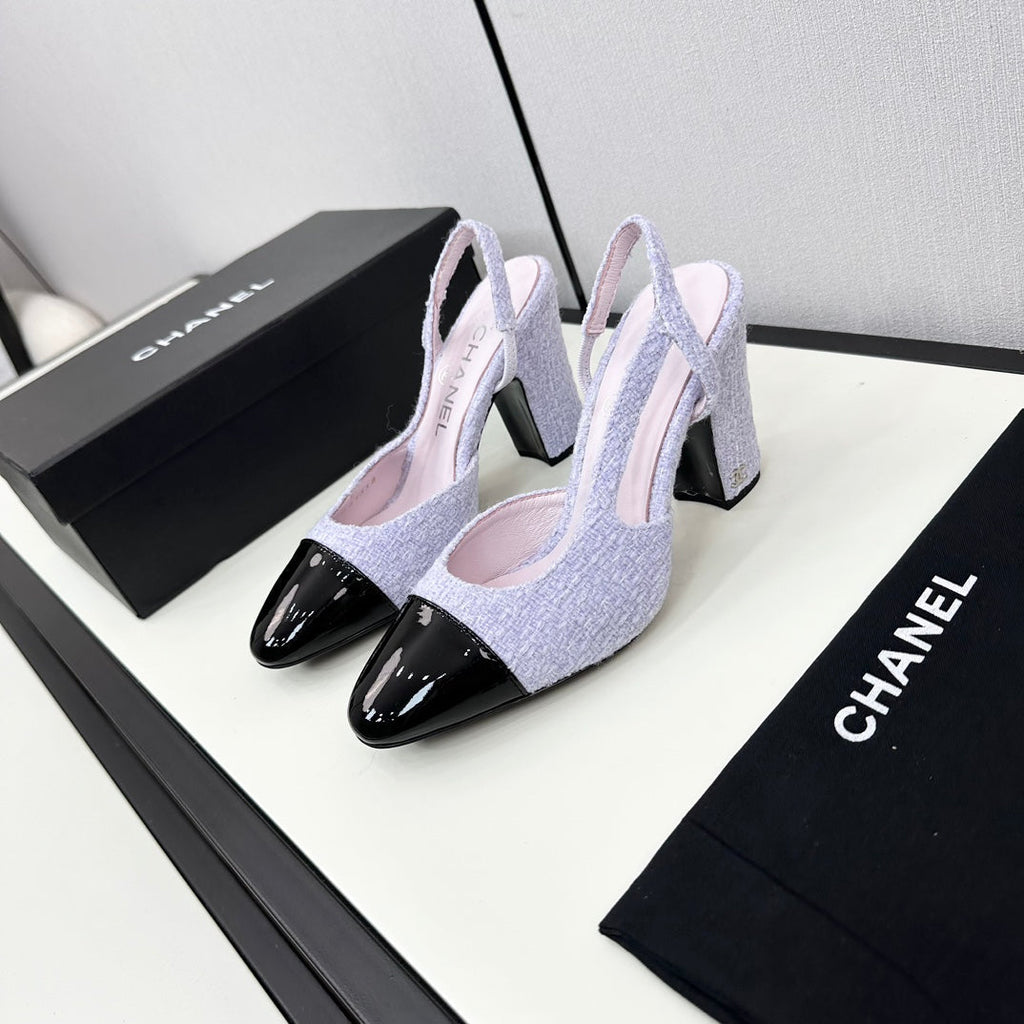 HIGH SLINGBACK LIGHT BLUE TWEED AND BLACK CALFSKIN