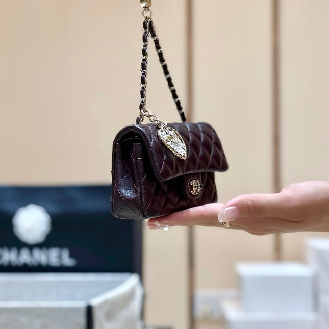 CHANEL 25S FLAP CHARM BAG 13 IN CHOCOLATE BROWN LAMBSKIN
