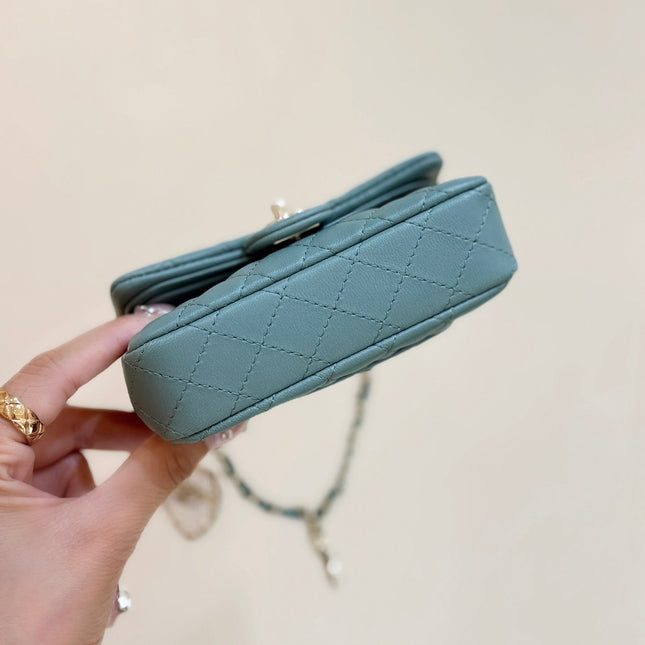 CHANEL 25S FLAP CHARM BAG 13 IN TEAL BLUE LAMBSKIN