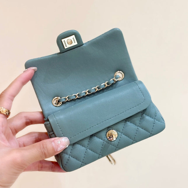 CHANEL 25S FLAP CHARM BAG 13 IN TEAL BLUE LAMBSKIN