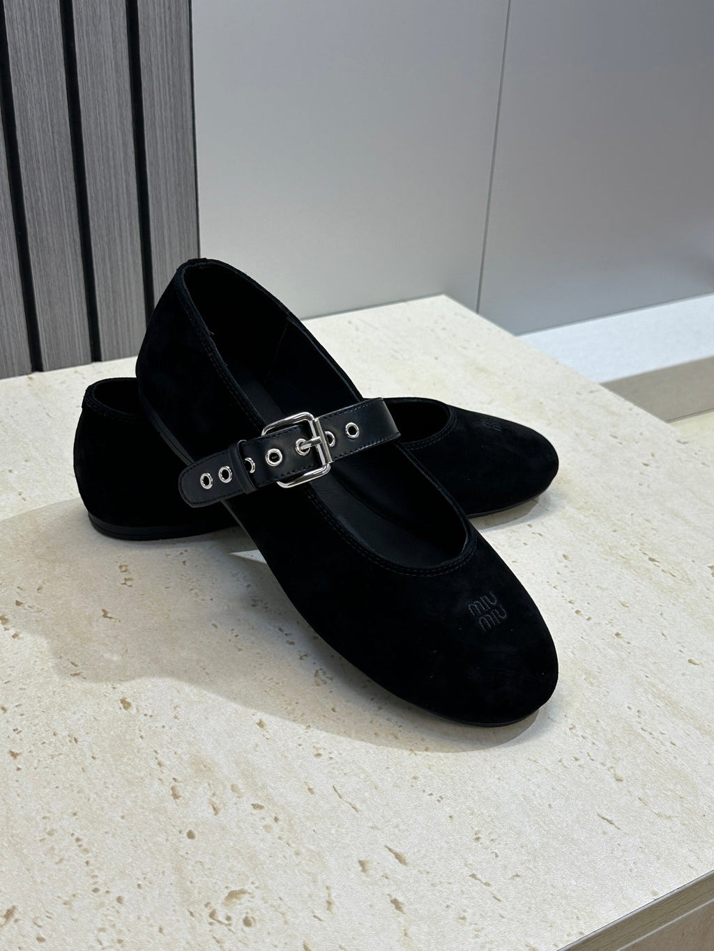 MIUMIU 26S MARY JANE FLATS IN BLACK SUEDE WITH BUCKLE STRAP CALFSKIN