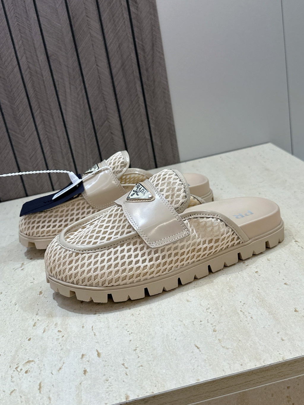 PRADA 26S MULE LOAFERS IN BEIGE MESH AND CALFSKIN