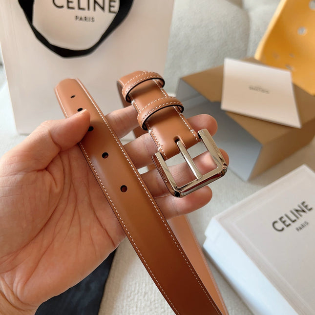 CELINE 25S BELT 25MM IN BROWN CALFSKIN SILVER HARDWARE 561793