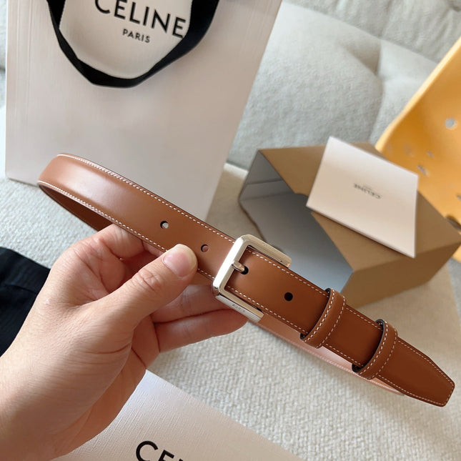 CELINE 25S BELT 25MM IN BROWN CALFSKIN SILVER HARDWARE 561793