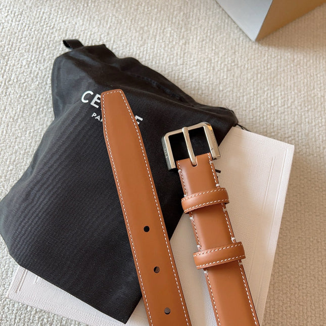 CELINE 25S BELT 25MM IN BROWN CALFSKIN SILVER HARDWARE 561793