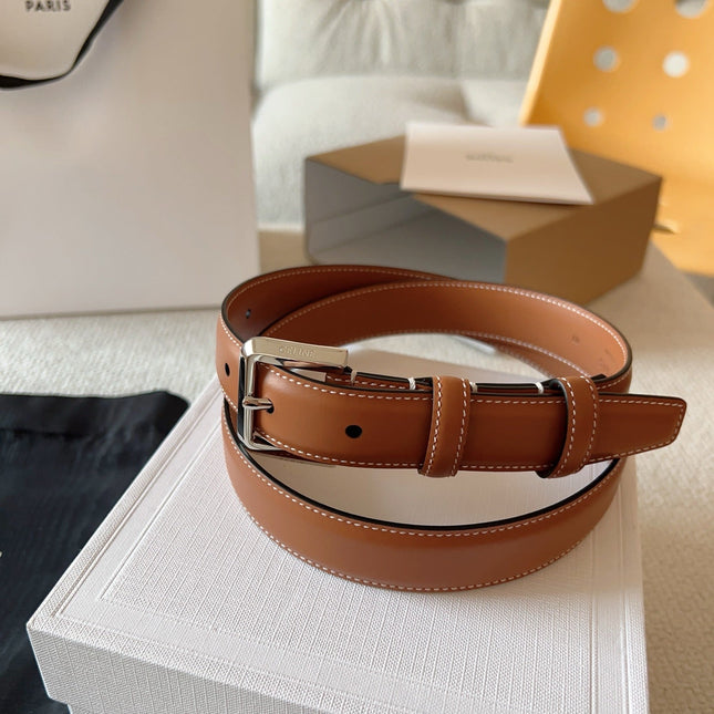 CELINE 25S BELT 25MM IN BROWN CALFSKIN SILVER HARDWARE 561793