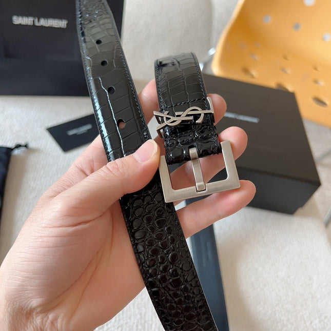 YSL 25S BELT 30 MM IN BLACK CALFSKIN SNAKE-EMBOSSED 571010