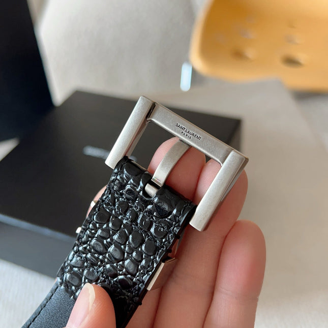YSL 25S BELT 30 MM IN BLACK CALFSKIN SNAKE-EMBOSSED 571010