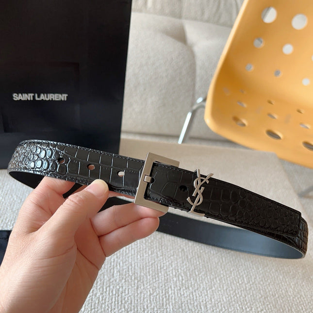 YSL 25S BELT 30 MM IN BLACK CALFSKIN SNAKE-EMBOSSED 571010