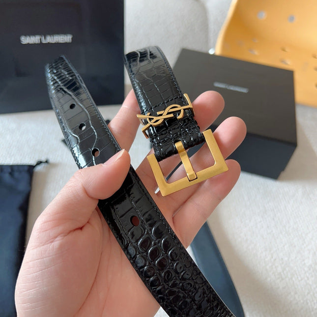 YSL 25S BELT 30 MM IN BLACK CALFSKIN SNAKE-EMBOSSED 571011