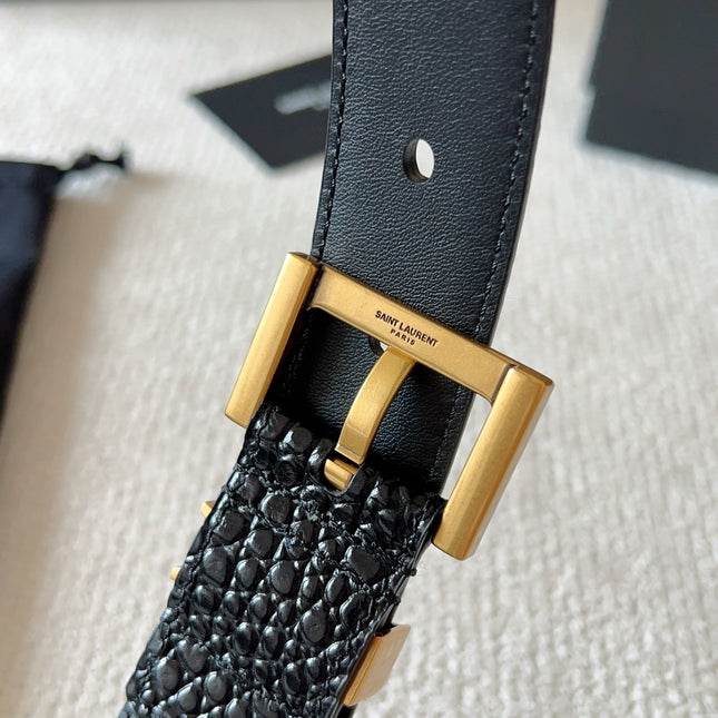YSL 25S BELT 30 MM IN BLACK CALFSKIN SNAKE-EMBOSSED 571011