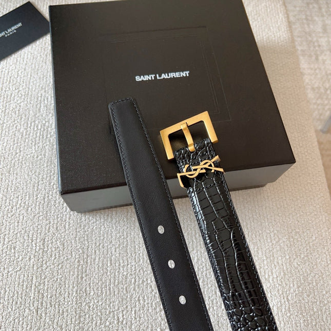 YSL 25S BELT 30 MM IN BLACK CALFSKIN SNAKE-EMBOSSED 571011