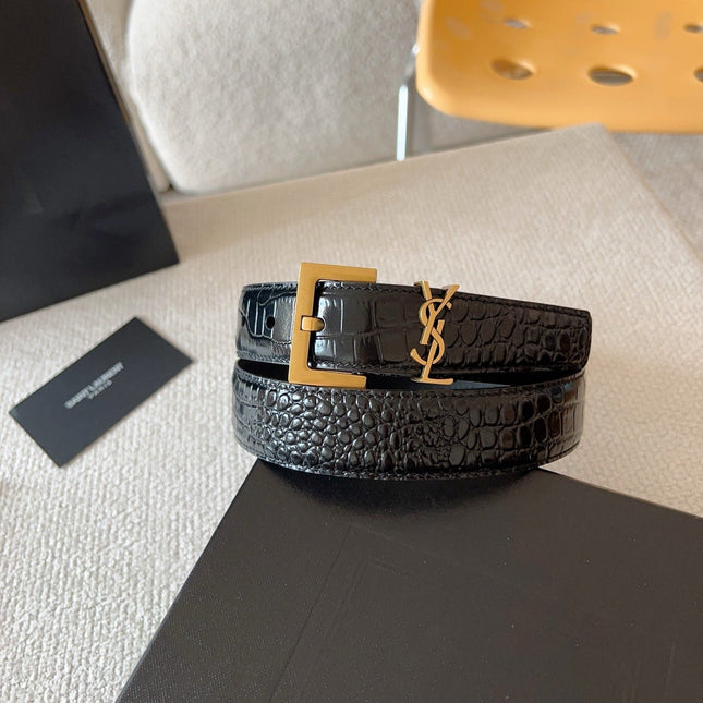 YSL 25S BELT 30 MM IN BLACK CALFSKIN SNAKE-EMBOSSED 571011