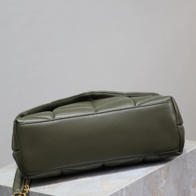 YSL 25S LOULOU PUFFER MM 29 IN DARK OLIVE CALFSKIN GOLD HARDWARE