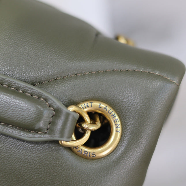 YSL 25S LOULOU PUFFER MM 29 IN DARK OLIVE CALFSKIN GOLD HARDWARE