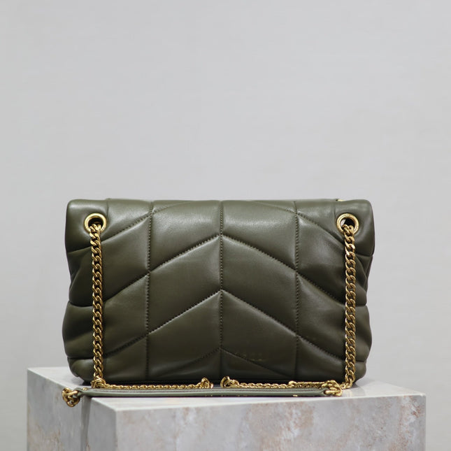 YSL 25S LOULOU PUFFER MM 29 IN DARK OLIVE CALFSKIN GOLD HARDWARE