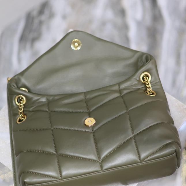YSL 25S LOULOU PUFFER MM 29 IN DARK OLIVE CALFSKIN GOLD HARDWARE