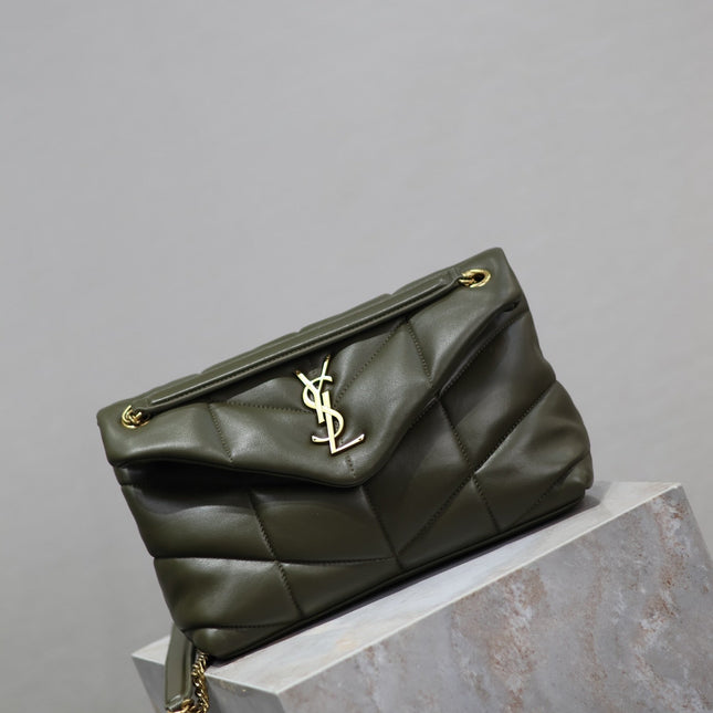 YSL 25S LOULOU PUFFER MM 29 IN DARK OLIVE CALFSKIN GOLD HARDWARE