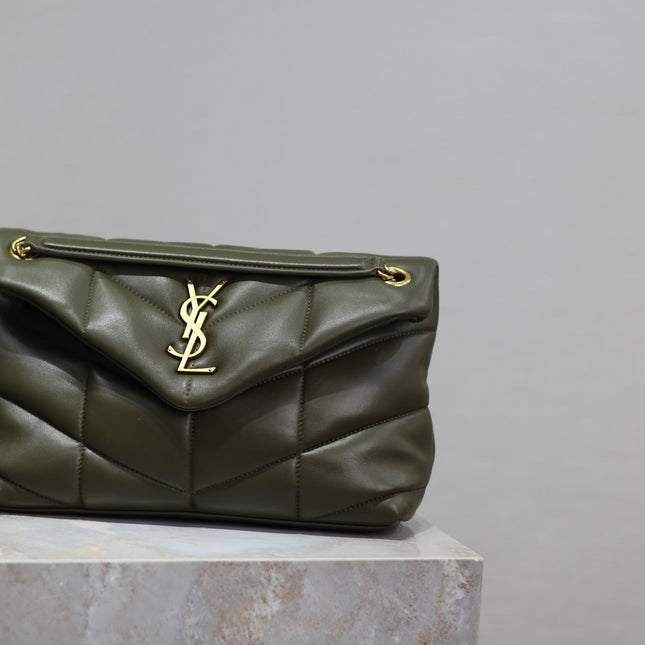 YSL 25S LOULOU PUFFER MM 29 IN DARK OLIVE CALFSKIN GOLD HARDWARE