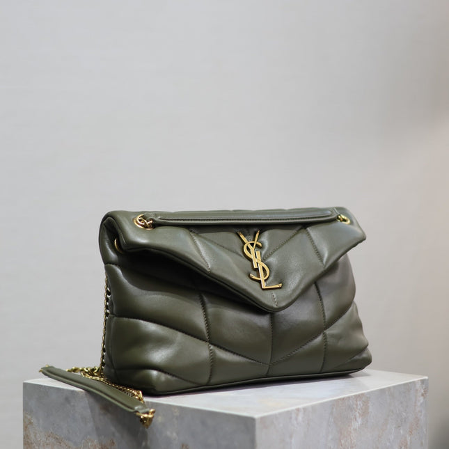 YSL 25S LOULOU PUFFER MM 29 IN DARK OLIVE CALFSKIN GOLD HARDWARE