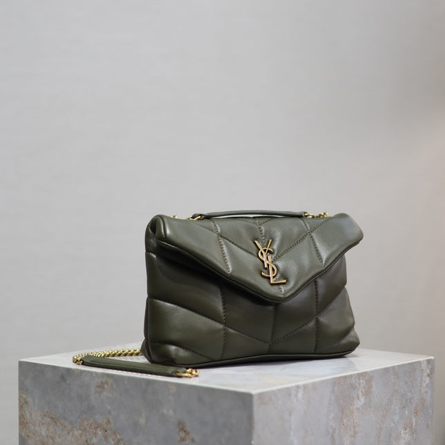 YSL 25S LOULOU PUFFER MINI 23 IN DARK OLIVE CALFSKIN GOLD HARDWARE
