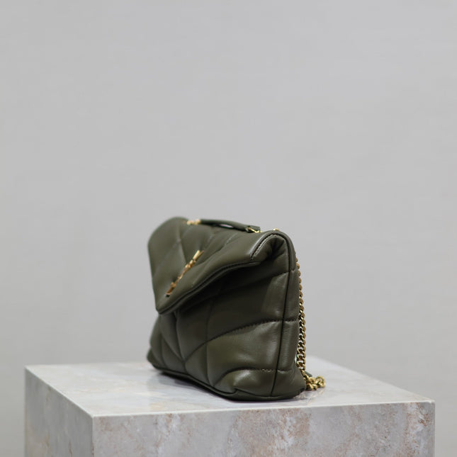 YSL 25S LOULOU PUFFER MINI 23 IN DARK OLIVE CALFSKIN GOLD HARDWARE