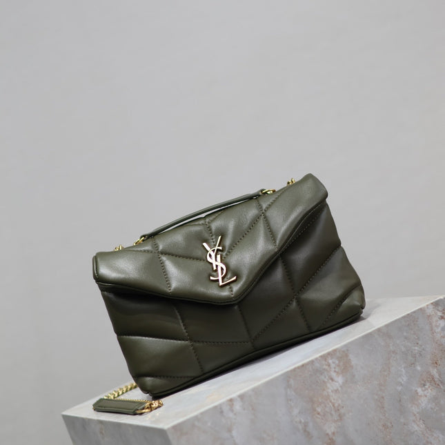 YSL 25S LOULOU PUFFER MINI 23 IN DARK OLIVE CALFSKIN GOLD HARDWARE