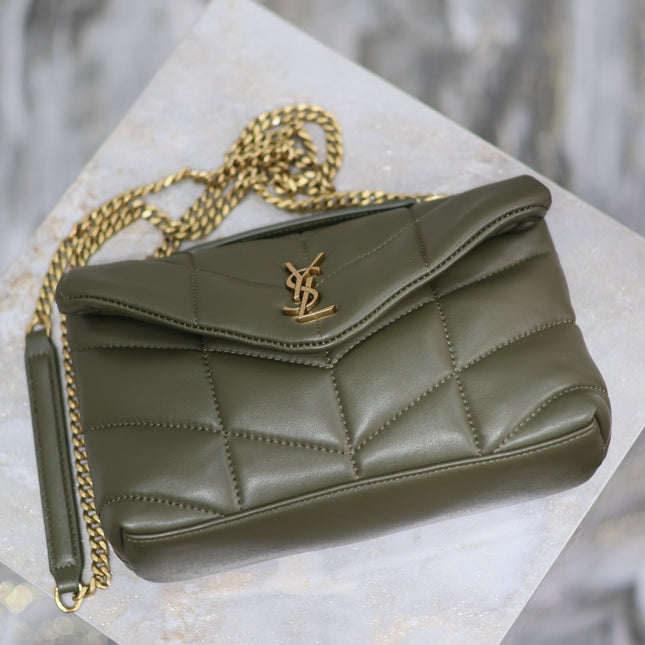 YSL 25S LOULOU PUFFER MINI 23 IN DARK OLIVE CALFSKIN GOLD HARDWARE