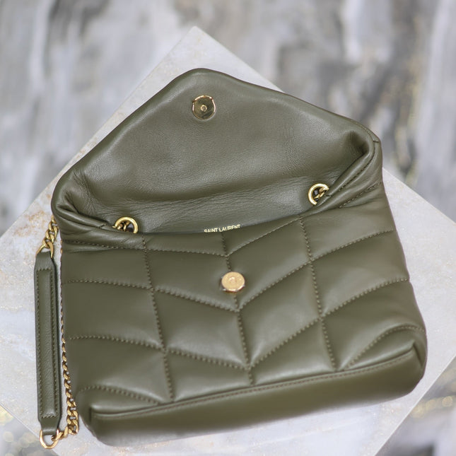 YSL 25S LOULOU PUFFER MINI 23 IN DARK OLIVE CALFSKIN GOLD HARDWARE